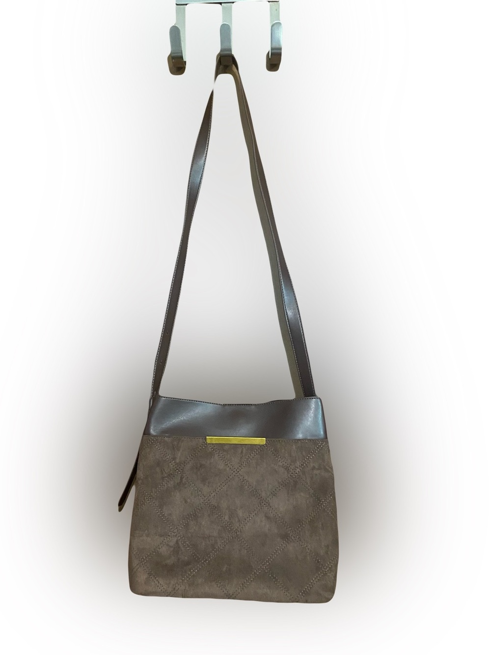 Taupe Quilted Suede and Leather Shoulder Bag with Gold Accent